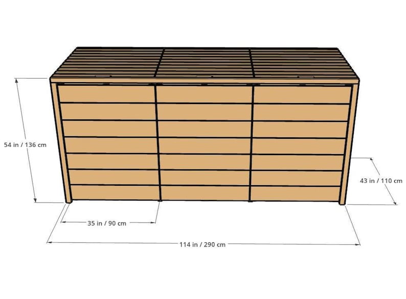 May include: A rectangular wooden storage bin with three hinged lids and horizontal slats. The unit measures 54 inches high, 114 inches wide, and 43 inches deep, with each of the three sections measuring 35 inches wide as indicated by labels.
