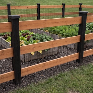 May include: A garden fence featuring horizontal natural wood planks and black vertical posts with square caps. A black wire mesh grid is installed between the wooden rails, enclosing a raised garden bed filled with green leafy vegetables.