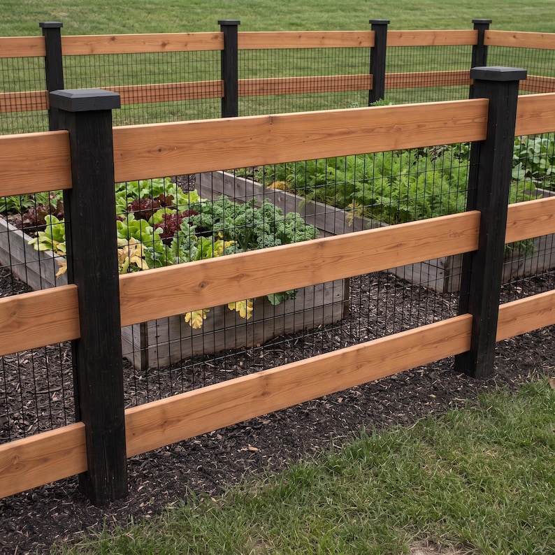 May include: A garden fence featuring horizontal natural wood planks and black vertical posts with square caps. A black wire mesh grid is installed between the wooden rails, enclosing a raised garden bed filled with green leafy vegetables.