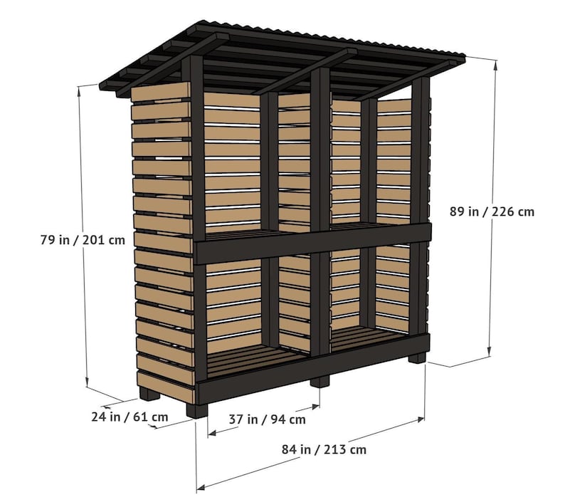May include: A wooden firewood storage shed with a black frame and natural wood slats. It features a slanted corrugated roof, two storage levels, and measures 84 inches wide, 24 inches deep, 89 inches high at the peak, and 79 inches at the side.