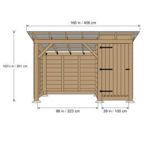 May include: A wooden shed with an open-front storage area and a single door on the right side. The structure features a corrugated roof, vertical and horizontal wood paneling, and black hinges. Dimensions are 160 inches wide, 102.125 inches high.