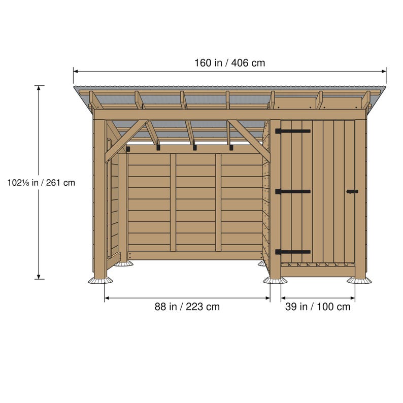 May include: A wooden shed with an open-front storage area and a single door on the right side. The structure features a corrugated roof, vertical and horizontal wood paneling, and black hinges. Dimensions are 160 inches wide, 102.125 inches high.