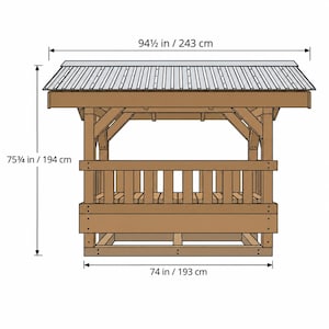 May include: A wooden outdoor structure with a corrugated metal roof, featuring a railing and support beams. Dimensions are 94.5 inches wide, 75.75 inches high, and 74 inches deep. The design includes a sloped roof and a sturdy frame construction.