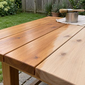 May include: A rectangular wooden table with a visible grain pattern, partially coated in a glossy, warm-toned wood stain. A metal paint can and a wooden-handled brush rest on a white cloth on the surface, showing the contrast between raw and finished wood.