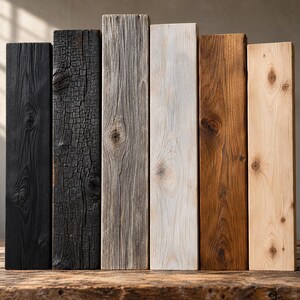 May include: Six rectangular wooden beams standing upright in a row, displaying various finishes including smooth black, charred textured black, weathered gray, whitewashed, medium brown stained, and natural light wood with visible grain and knots.