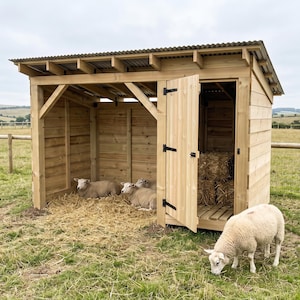 May include: A wooden animal shelter with a corrugated metal roof, featuring an open-sided section with straw bedding where three sheep are resting, and a closed storage section with a hinged door containing stacked hay bales, with one sheep grazing.