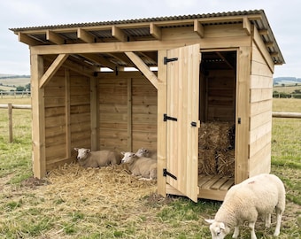 May include: A wooden animal shelter with a corrugated metal roof, featuring an open-sided section with straw bedding where three sheep are resting, and a closed storage section with a hinged door containing stacked hay bales, with one sheep grazing.