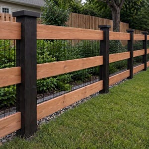 May include: A horizontal fence featuring natural light brown wooden planks and vertical black wooden posts. A black metal wire grid is installed between the posts, positioned behind the wooden planks to create a structured barrier design.
