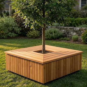 May include: A square wooden tree planter box with a young tree growing in the center. The planter is made of light brown wood and is set on a grassy lawn. The tree has green leaves.