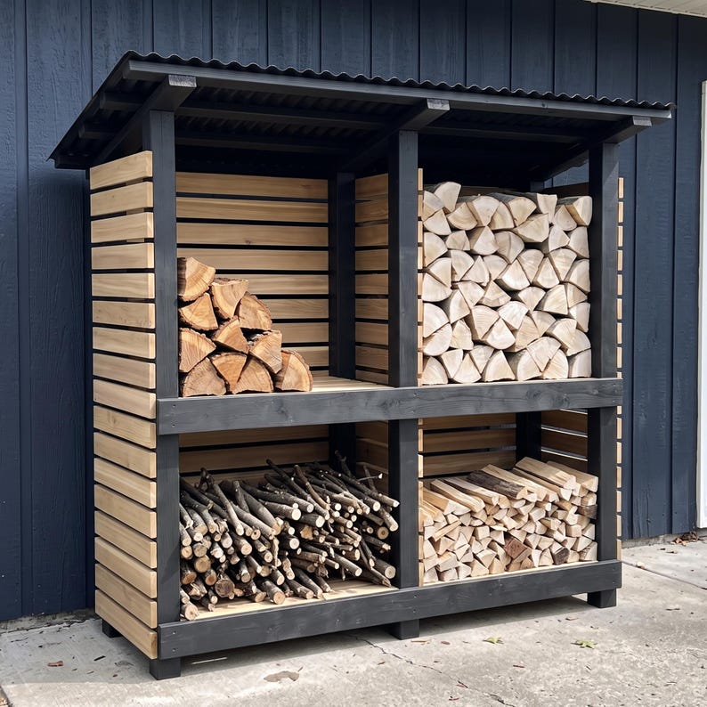 May include: A two-level outdoor firewood storage rack featuring a black painted wooden frame and natural light-colored horizontal wooden slats. The structure includes a corrugated black metal roof and is filled with various sizes of stacked firewood.