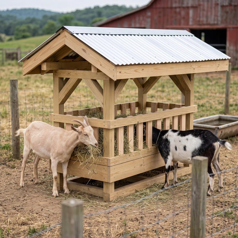 May include: A wooden hay feeder for livestock featuring a gabled roof with a silver corrugated metal covering. The structure has vertical wooden slats forming a feeding enclosure, with a light tan goat and a black and white goat eating hay.