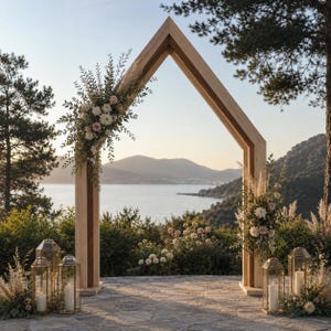 May include: A pentagonal wooden arch frame decorated with floral arrangements of white and pink flowers and greenery. Four gold-toned metal lanterns with glass panels and white pillar candles are placed on the ground at the base of the arch.