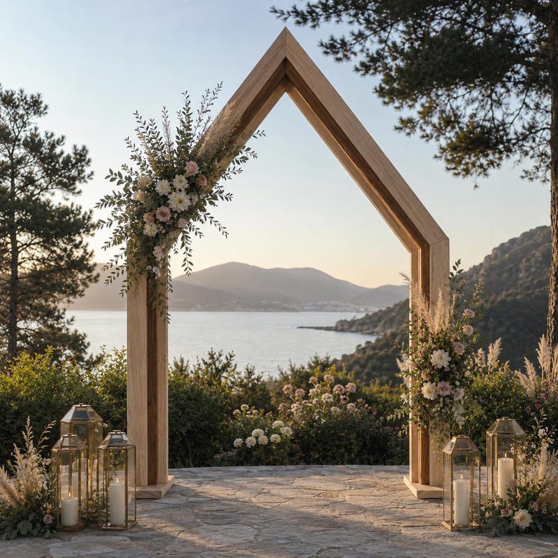 May include: A pentagonal wooden arch frame decorated with floral arrangements of white and pink flowers and greenery. Four gold-toned metal lanterns with glass panels and white pillar candles are placed on the ground at the base of the arch.