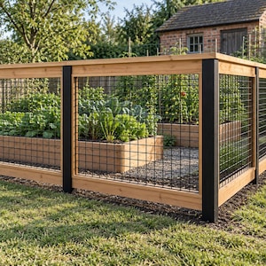 May include: A garden fence constructed with natural light-colored wood framing and black metal grid panels. The structure features vertical black posts at regular intervals, enclosing raised wooden garden beds filled with green leafy vegetables.