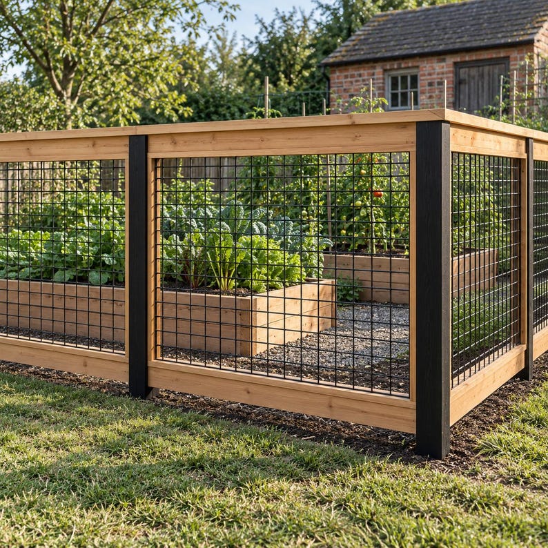 May include: A garden fence constructed with natural light-colored wood framing and black metal grid panels. The structure features vertical black posts at regular intervals, enclosing raised wooden garden beds filled with green leafy vegetables.