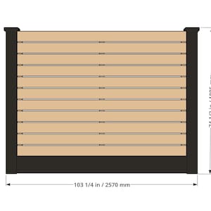 May include: A rectangular fence panel featuring horizontal light brown slats framed by two solid black vertical posts and a black base rail. The panel measures 103 1/4 inches in width and 74 1/2 inches in height as indicated by dimension lines.