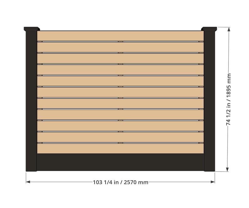 May include: A rectangular fence panel featuring horizontal light brown slats framed by two solid black vertical posts and a black base rail. The panel measures 103 1/4 inches in width and 74 1/2 inches in height as indicated by dimension lines.