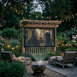 May include: An outdoor movie setup featuring a large rectangular projection screen mounted on a wooden pergola frame, displaying a film scene with two people. Two wooden lounge chairs sit on a gravel patio with a projector on a stand.
