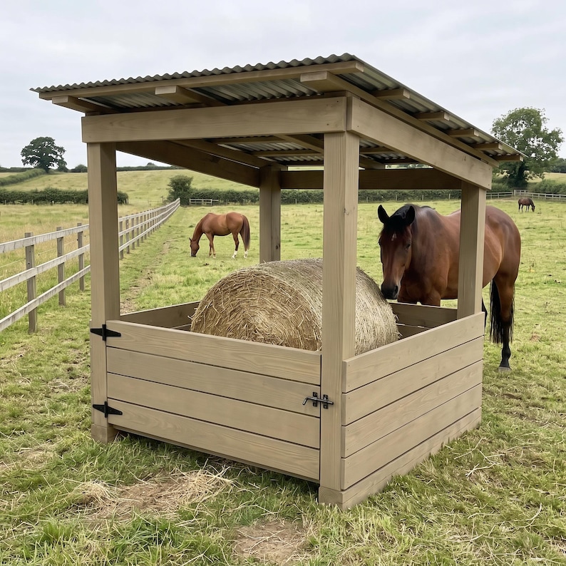 Puede incluir: Un comedero de heno de madera con techo de metal corrugado, con un marco cuadrado y paredes de tablones horizontales. Una gran paca de heno redonda se encuentra dentro, mientras un caballo marr&oacute;n est&aacute; en un campo de hierba.