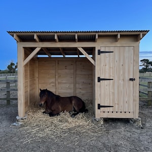 May include: A wooden horse shelter with a corrugated metal roof, featuring an open stall area with straw bedding and a closed storage compartment with black metal hinges. A dark brown horse is resting inside the open section of the structure.