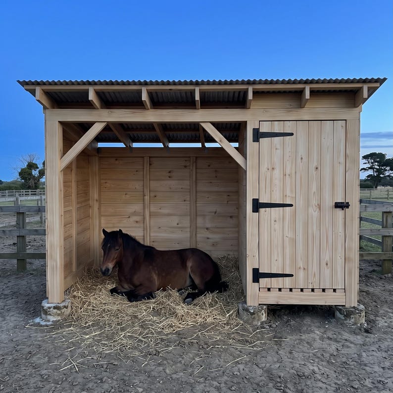 May include: A wooden horse shelter with a corrugated metal roof, featuring an open stall area with straw bedding and a closed storage compartment with black metal hinges. A dark brown horse is resting inside the open section of the structure.