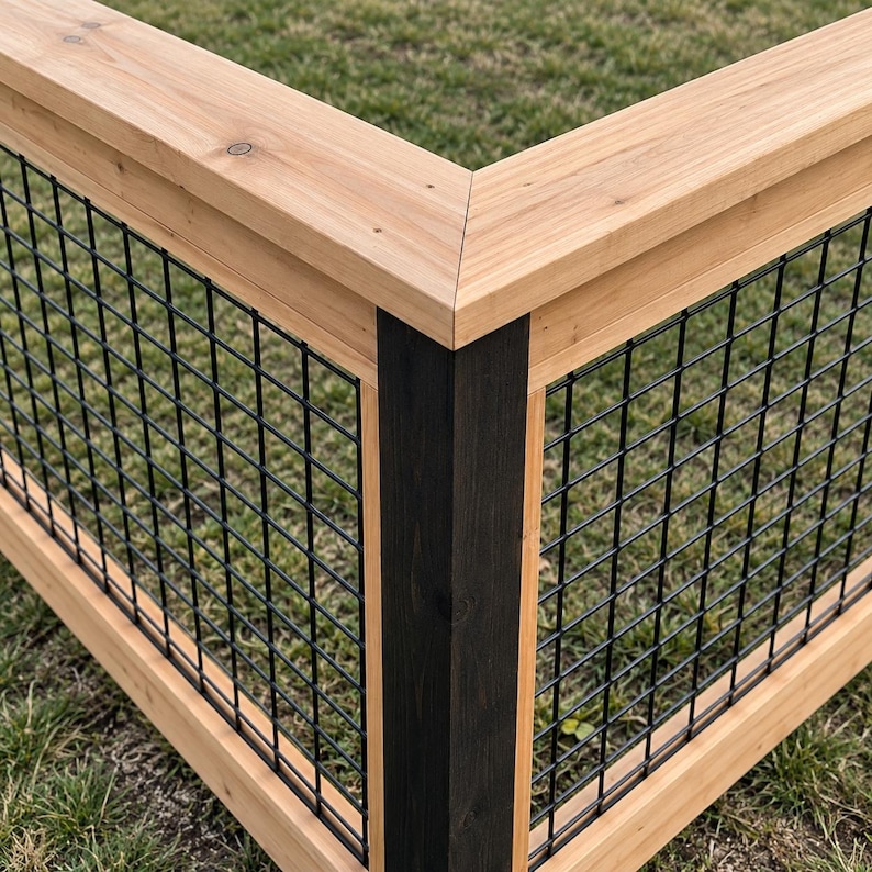May include: A corner section of a fence featuring natural light-toned wooden horizontal rails and a vertical corner post stained in a dark black finish. The fence panels are filled with a black metal wire grid mesh pattern throughout the structure.