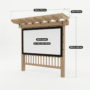 May include: A light wood pergola structure featuring a 100-inch screen with a black border. Dimensions are 108 inches wide, 36 inches deep, and 96.25 inches high. The screen area measures 87 by 49 inches, secured with black grommets.