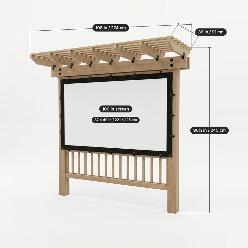May include: A light wood pergola structure featuring a 100-inch screen with a black border. Dimensions are 108 inches wide, 36 inches deep, and 96.25 inches high. The screen area measures 87 by 49 inches, secured with black grommets.