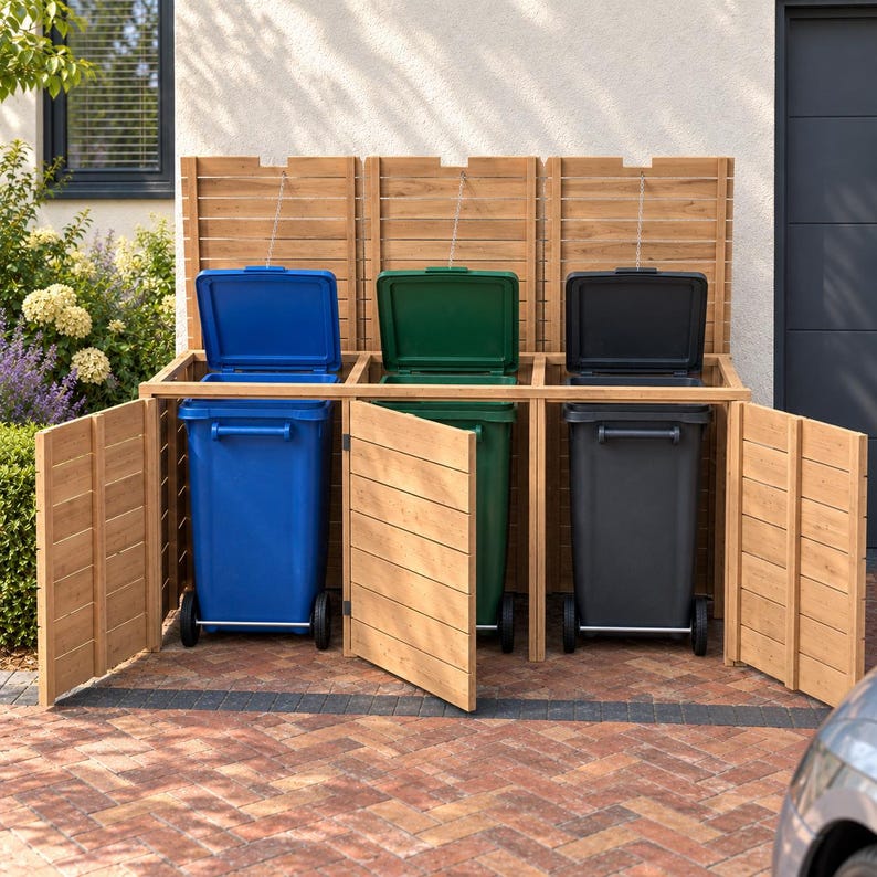 May include: A triple-bay wooden trash bin storage enclosure with horizontal slats and hinged doors. Inside are three upright wheeled bins in blue, green, and black, each with an open lid attached to the wooden structure by a metal chain.