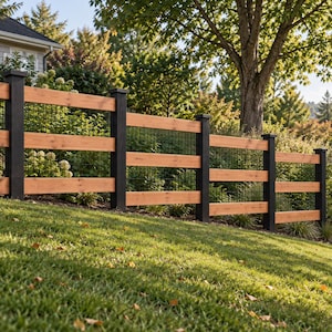 May include: A tiered outdoor fence featuring horizontal natural wood planks and black vertical posts. The structure incorporates a black wire mesh grid between the wooden rails, creating a sturdy barrier that follows the slope of the grassy terrain.