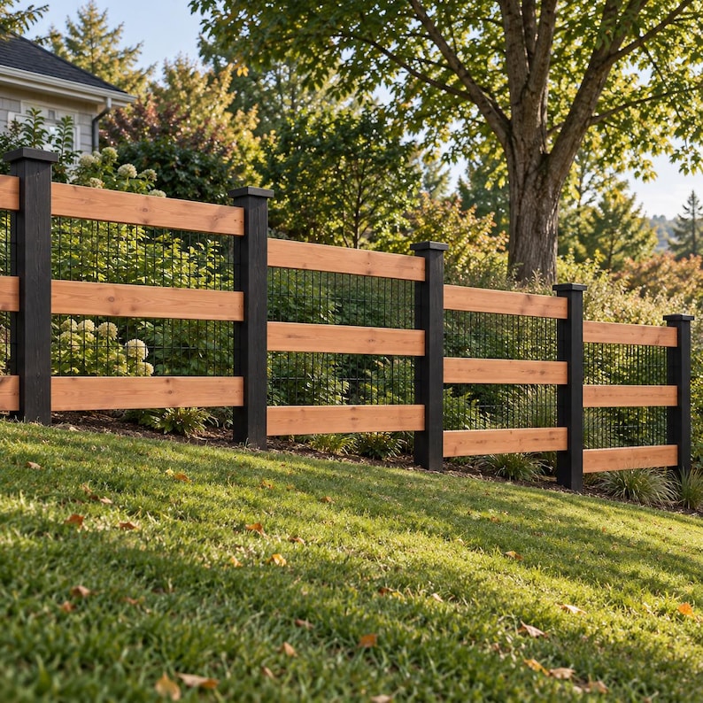 May include: A tiered outdoor fence featuring horizontal natural wood planks and black vertical posts. The structure incorporates a black wire mesh grid between the wooden rails, creating a sturdy barrier that follows the slope of the grassy terrain.