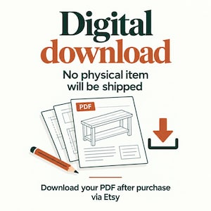 May include: A digital download graphic featuring the text Digital download, No physical item will be shipped, and Download your PDF after purchase via Etsy. The image shows a stack of PDF documents with a bench illustration and a download icon.