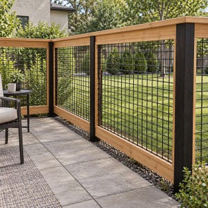 May include: A deck railing featuring natural light-colored wood horizontal rails and vertical black posts. The railing panels consist of a black metal grid pattern. The structure is installed on a patio area with light gray stone pavers.