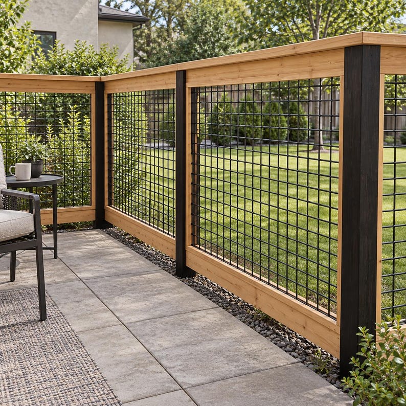May include: A deck railing featuring natural light-colored wood horizontal rails and vertical black posts. The railing panels consist of a black metal grid pattern. The structure is installed on a patio area with light gray stone pavers.