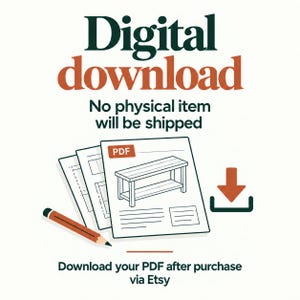K&ouml;nnte beinhalten: Eine Grafik f&uuml;r einen digitalen Download mit dem Text Digital download und No physical item will be shipped. Sie zeigt einen Stapel PDF-Dokumente mit einer Bank-Illustration, einem Bleistift und einem Download-Symbol, endend mit Download your PDF after purchase via Etsy.