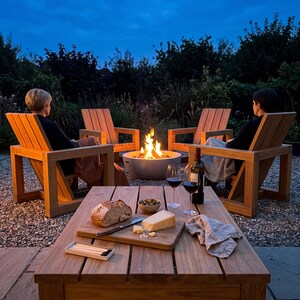 May include: A wooden outdoor coffee table featuring a rectangular slatted top, holding a wooden cutting board with a loaf of bread, a block of cheese, a small bowl of olives, two wine glasses, a wine bottle, and a small box of matches.