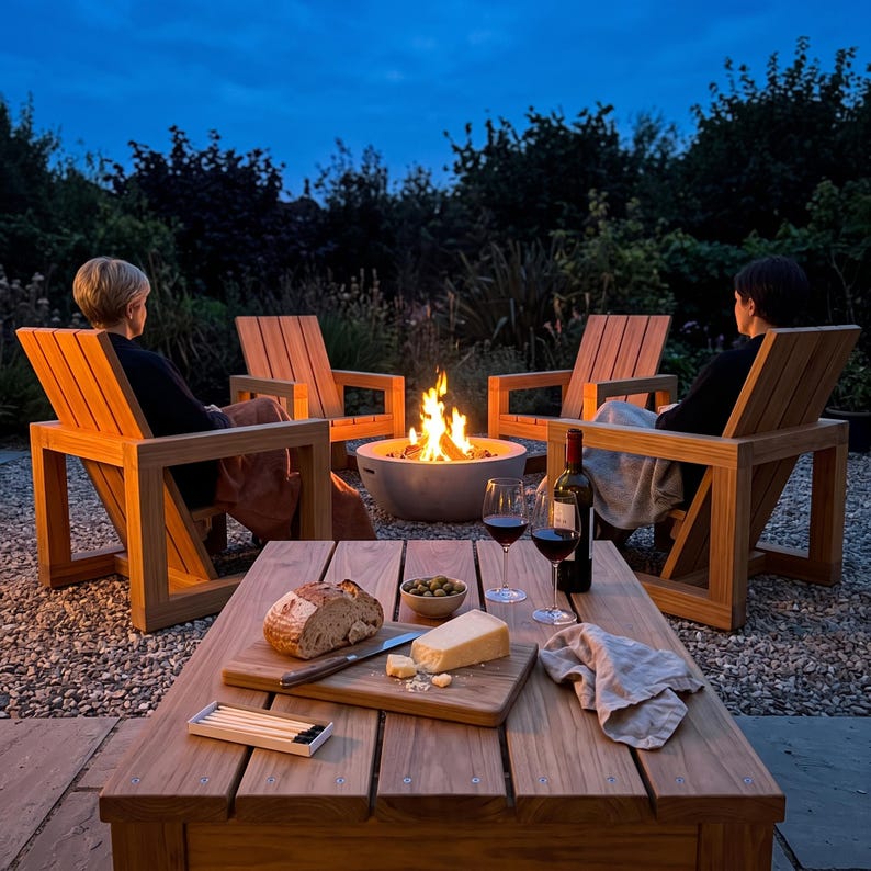 May include: A wooden outdoor coffee table featuring a rectangular slatted top, holding a wooden cutting board with a loaf of bread, a block of cheese, a small bowl of olives, two wine glasses, a wine bottle, and a small box of matches.