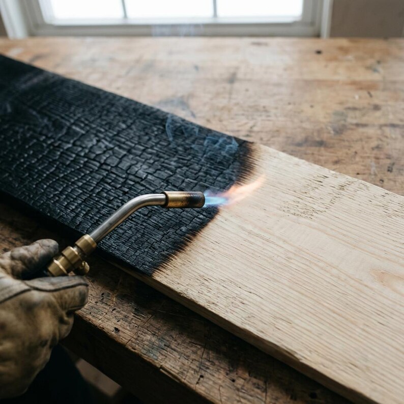 May include: A long wooden board being charred with a metal blowtorch. The left side of the board is deeply blackened with a cracked, textured surface, while the right side remains light tan. A blue and orange flame is visible at the nozzle.