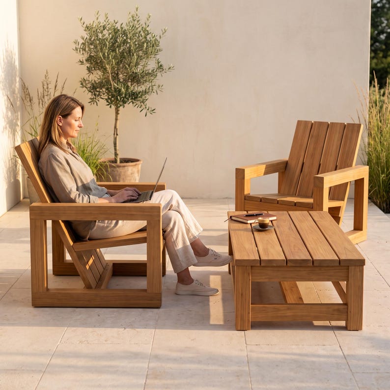 May include: Two light brown wooden armchairs with wide, flat armrests and slatted backrests, paired with a matching rectangular wooden coffee table. The furniture features a natural wood grain finish and a sturdy, block-style frame construction.