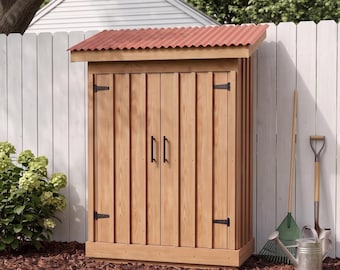 May include: A vertical wooden storage shed with a slanted, corrugated red metal roof. The structure features two doors with vertical wood paneling, black metal hinges, and two black vertical handles. The shed is constructed from light brown wood.