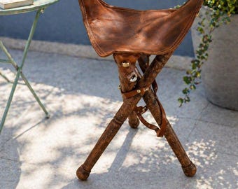 Balcony Wood Stool, Patio Leather Stool, Rustic Outdoor Stool, Small Side Stool, Boho Terrace Furniture