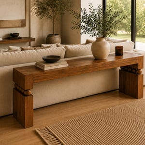 May include: A long rectangular wooden console table featuring a smooth top surface and two thick block legs connected to the tabletop by a row of small wooden spheres. The table is finished in a warm brown tone and displays a natural wood grain.