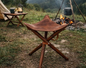 Wood Leather Folding Stool, Wooden Tripod Camping Seat, Musician Small Seat