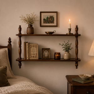 May include: A two-tier dark brown wooden wall shelf featuring turned spindle supports. The shelves hold a ribbed vase with dried flowers, a small brass dish, a lit candle in a holder, three books, a framed portrait, a candle jar, and a small vase.