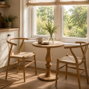 May include: A round wooden pedestal table with two matching wooden chairs featuring woven seats and curved backrests. The table holds a clear glass vase with green foliage, a ceramic mug, and a small plate with a cookie, positioned by a window.