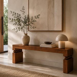 May include: A long wooden console table with block legs and decorative wooden spheres, topped with a stone vase containing green branches, two stacked books, a small dark bowl, and a mushroom-shaped stone lamp with a warm light.