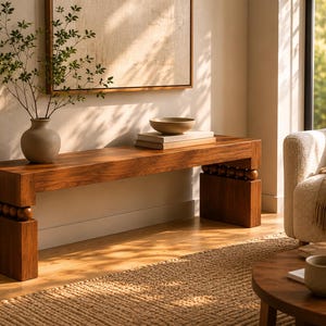 May include: A long rectangular wooden bench featuring a smooth top surface and two solid block legs connected to the seat by a row of decorative wooden spheres. The bench is crafted from a warm-toned wood with a visible grain and a polished finish.