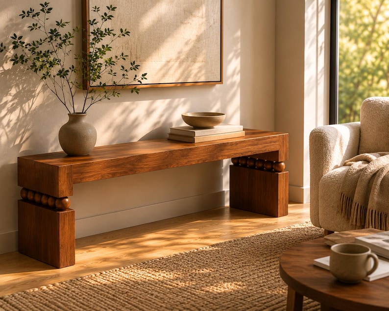 May include: A long rectangular wooden bench featuring a smooth top surface and two solid block legs connected to the seat by a row of decorative wooden spheres. The bench is crafted from a warm-toned wood with a visible grain and a polished finish.