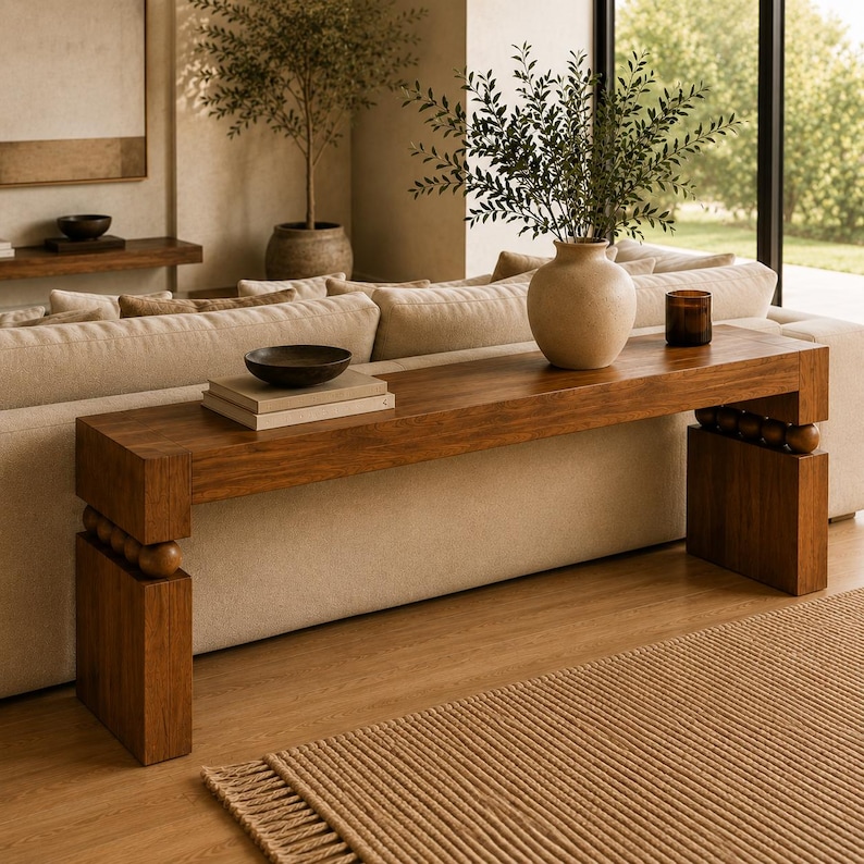 May include: A long rectangular wooden console table featuring a smooth top surface and two thick block legs connected to the tabletop by a row of small wooden spheres. The table is finished in a warm brown tone and displays a natural wood grain.