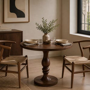 May include: A round dark wood pedestal dining table paired with two wooden chairs featuring curved backrests and woven seats. The table is set with two beige bowls, two clear glasses, and folded napkins, with a vase of greenery in the center.